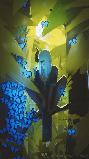Anime girl with horns and blue hair surrounded by butterflies