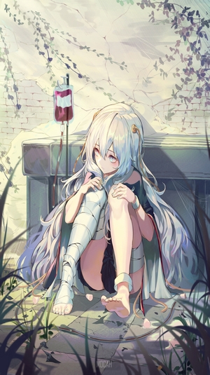 Anime girl with IV drip and bandages
