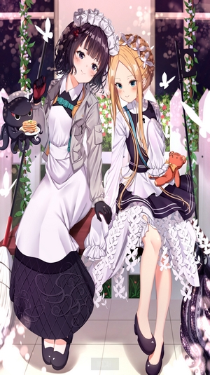 Two anime girls in maid outfits with a teddy bear and octopus