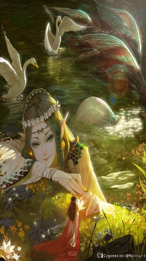 Fantasy girl with swans in a lake, Shingeki no Bahamut