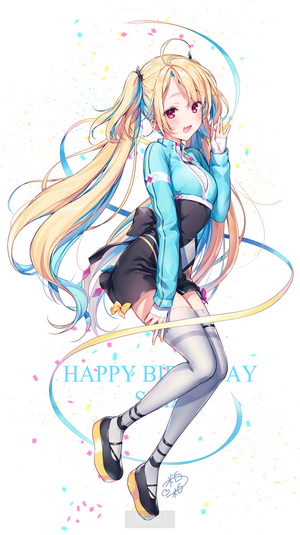 Anime girl with blonde pigtails celebrating birthday
