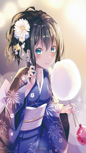 Anime girl in yukata with cotton candy
