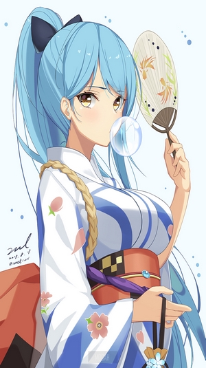 Anime girl in yukata blowing bubble with fan