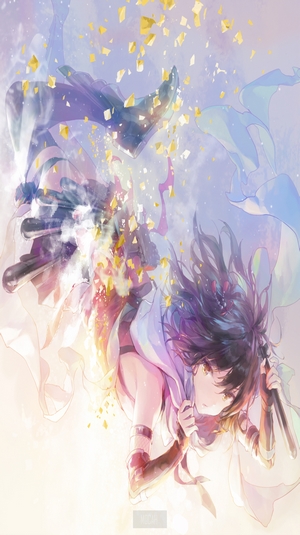 Anime girl with black hair and yellow eyes falling