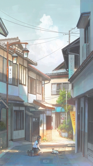 Anime girl interacting with a cat in a Japanese alley