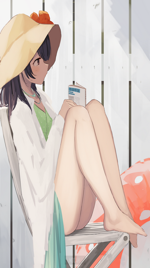 Anime girl in a hat reading a book