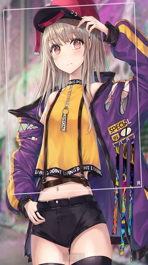 Anime girl in streetwear with purple jacket and yellow top