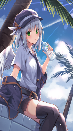 Anime girl with wings drinking water under palm trees