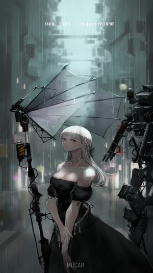 Anime girl with umbrella and robot in rain