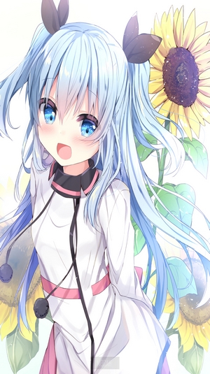 Anime girl with blue hair and sunflowers