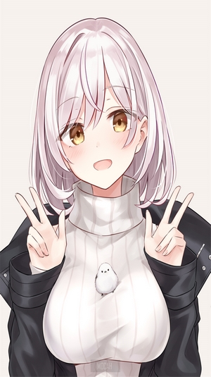 Anime girl with white hair and a bird on her sweater
