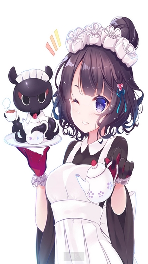 Anime girl in maid outfit with a creature serving tea
