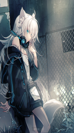 Anime girl with white hair and headphones