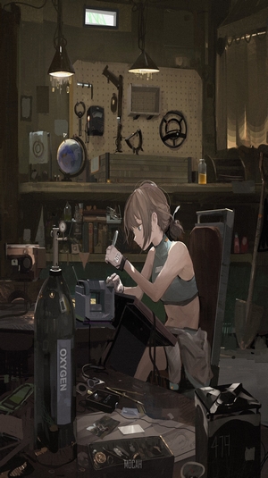 Anime girl working in a workshop