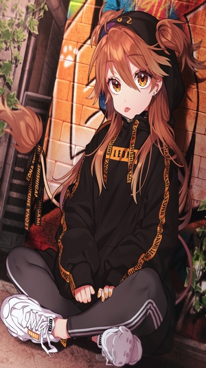 Anime girl with brown hair and cat ears sitting by graffiti wall