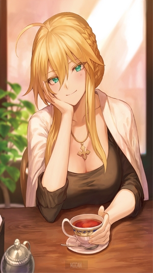 Anime girl with blonde hair and blue eyes drinking tea