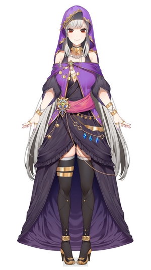 Anime girl in purple and black outfit with long white hair