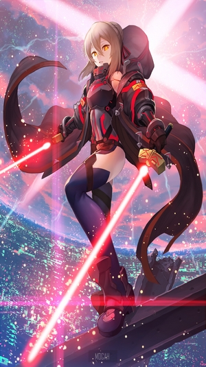 Anime girl with glowing swords in futuristic city