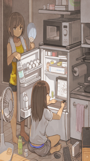 Two anime girls in a kitchen with a fan and refrigerator