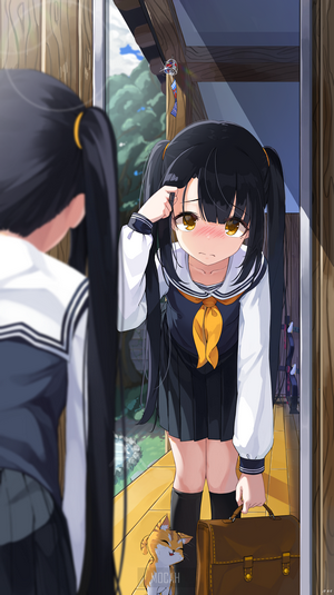 Anime girl in school uniform looking in mirror with cat