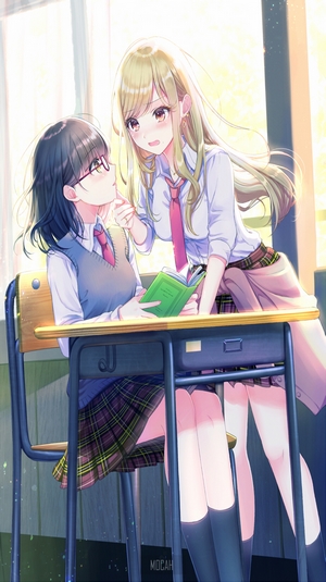 Two anime girls in school uniforms at a desk