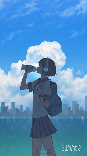 Anime girl with headphones drinking water in summer