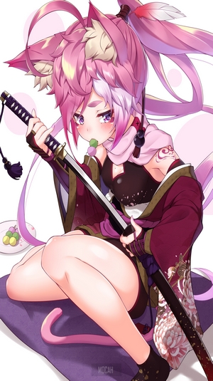 Anime girl with pink hair and cat ears holding a katana