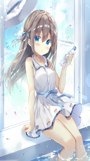 Anime girl in white dress holding a bottle