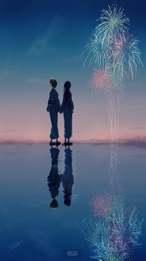 Two anime girls in yukatas watching fireworks over water