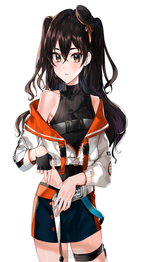 Anime girl with black pigtails and orange jacket