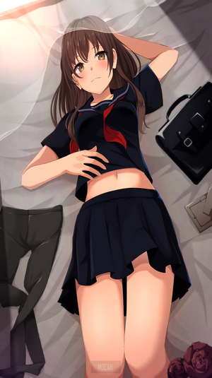 Anime girl in school uniform lying on bed