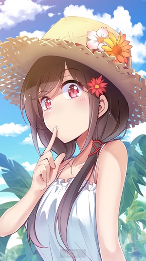Anime girl with straw hat and flowers