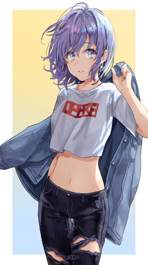 Anime girl with purple hair wearing crop top and ripped jeans