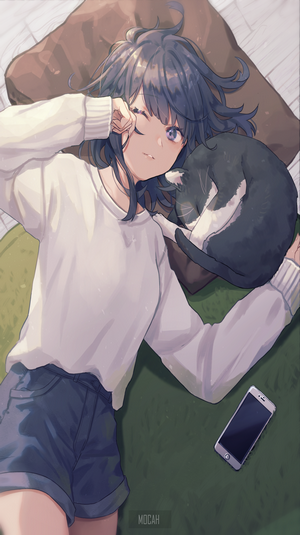 Anime girl with cat lying on pillows