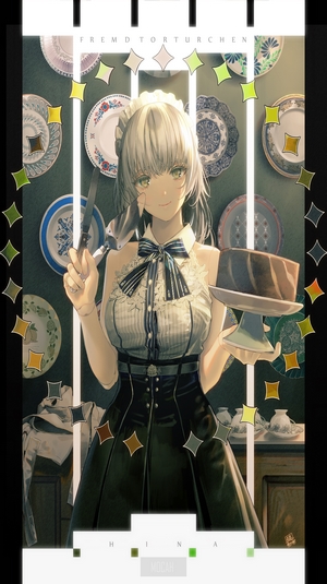 Anime girl in maid outfit holding cake knife and cake