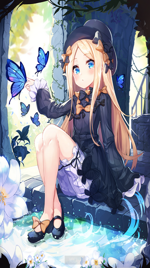 Anime girl with blue butterflies in a garden
