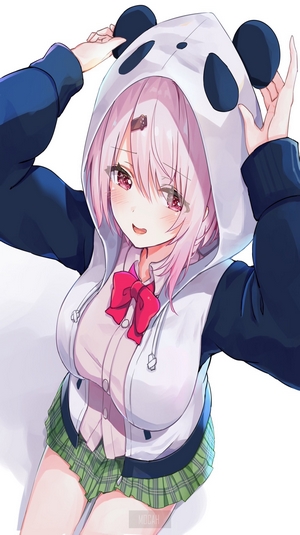 Anime girl in panda hoodie and school uniform