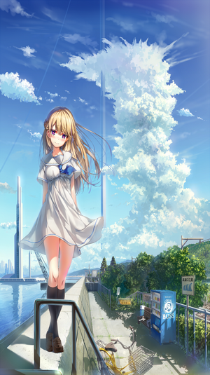 Anime girl in white dress by the water