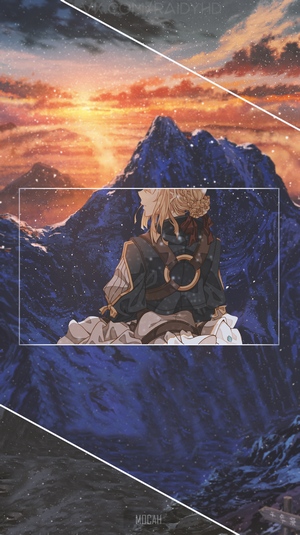 Violet Evergarden sitting on a mountain