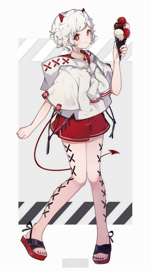Anime girl with white hair and red shorts holding ice cream