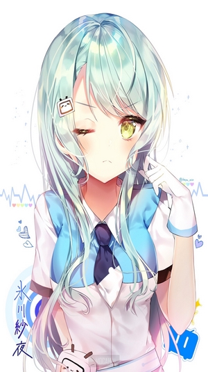 Anime girl with light blue hair and green eyes