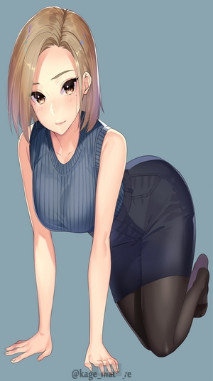Anime girl with short brown hair in a blue top