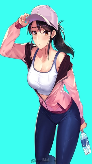 Anime girl in sportswear holding a water bottle