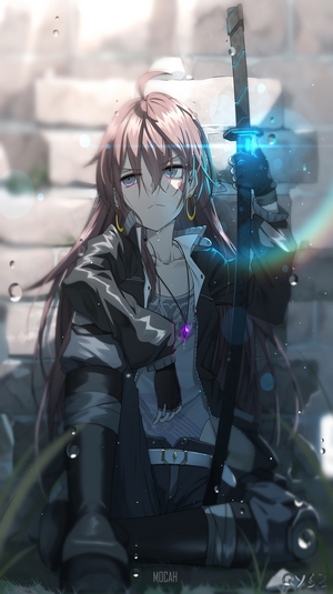 Anime girl with sword sitting by stairs