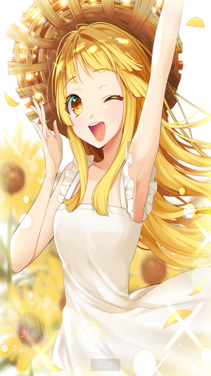 Anime girl with sunflowers and straw hat