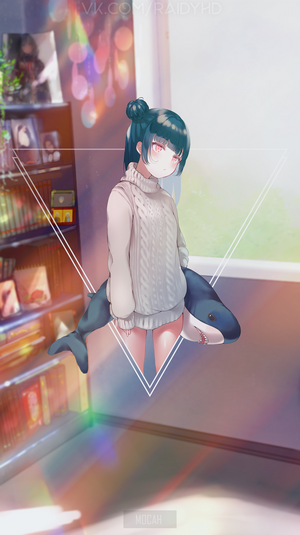 Anime girl with shark plushie in room