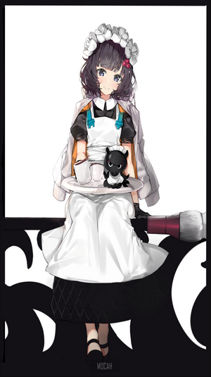 Anime girl in maid outfit holding a tray with a plush toy