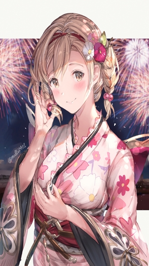 Djeeta from Granblue Fantasy in a Yukata with Fireworks