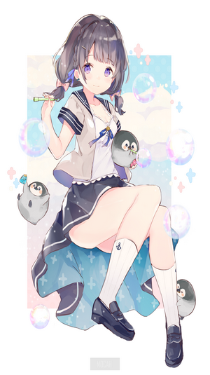 Anime girl with pigtails and penguins