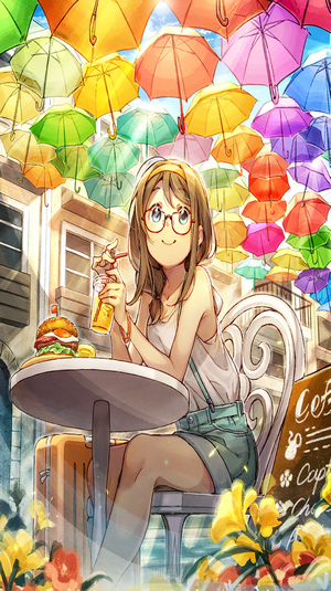 Anime girl with glasses at a cafe under umbrellas